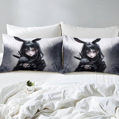 Anime Girl Bed Sheets,Anime Gifts Queen Fitted Sheet for Girls Women,Gothic 3D Japanese Girl Sheets,Black Gothic Bed Set Exotic Rabbit Printed Bedding Set