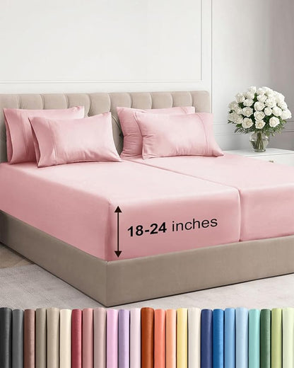 Extra Deep Split King Sheet Set - 7 Piece Breathable and Cooling Sheets - Hotel Luxury Bedding for Women, Men, Kids & Teens - Easy Secure Fit - Soft and Wrinkle Free - Extra Deep Pockets - Baby Pink
