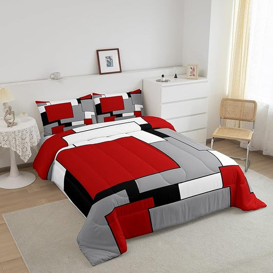 Erosebridal Red Grey Black White Comforter Set for Women Men,3D Modern Square Bedding Set Queen,Geometric Quilt Set,Square Grid Patchwork Down Comforter with 2 Pillowcases Ultra Soft