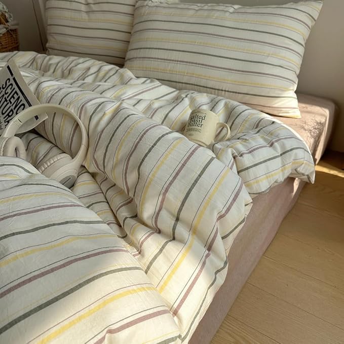 EAVD Retro Striped Duvet Cover Set King Size 100% Cotton Chic Stripes Printed Bedding Set with 2 Pillowcases Vintage Geometric Pattern Duvet Cover with Zipper Closure(Yellow&Green&Brown, King)