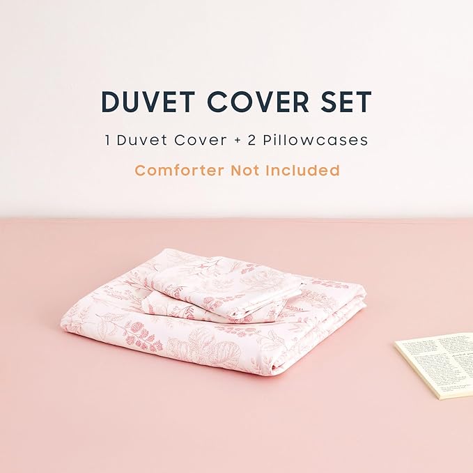 Wake In Cloud - Floral Duvet Cover Set, Botanical Vintage Flower Coquette Cottagecore Aesthetic for Women Teen Girls, Soft Lightweight Bedding, 3-Piece, Blush Pink, Queen Size