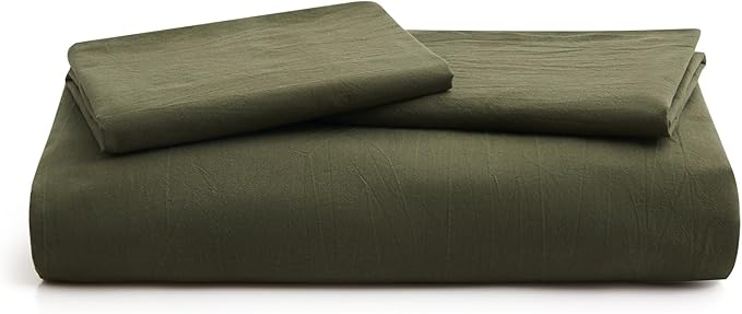 LOVQUE Olive Green Duvet Cover Full Size, 100% Washed Cotton Linen Like Bedding Set with Zipper Closure (No Comforter), 80x90 Inches