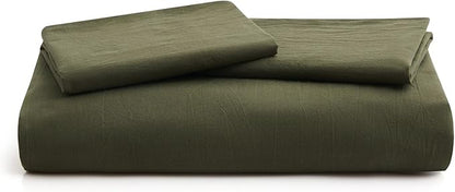 LOVQUE Olive Green Duvet Cover Full Size, 100% Washed Cotton Linen Like Bedding Set with Zipper Closure (No Comforter), 80x90 Inches