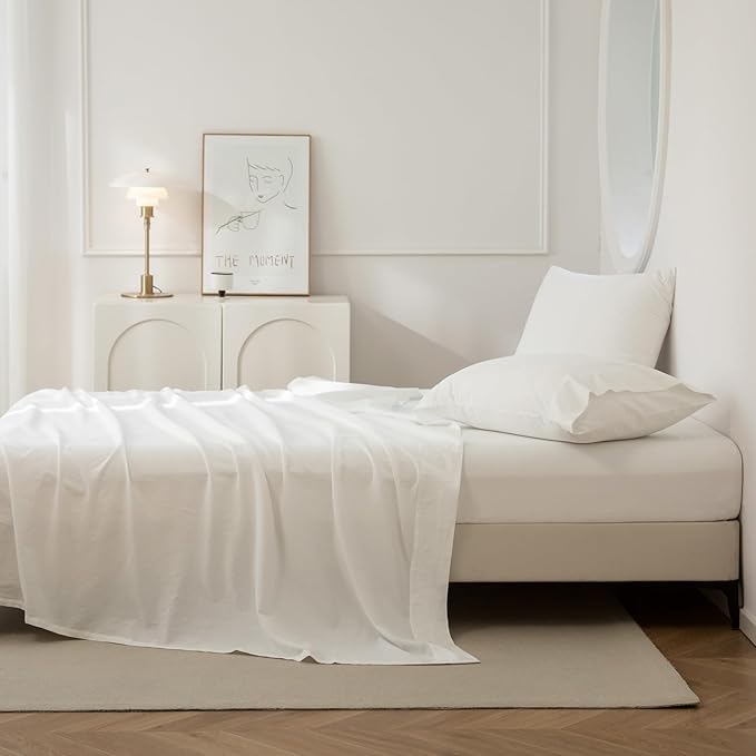 JIYUAN Twin Size Sheet Set, 3-Piece - 100% Washed Cotton, Linen-Like Soft & Breathable, Includes Deep Pocket Fitted & Flat Sheet with 1 Pillowcases, Hotel Quality, Solid Off White