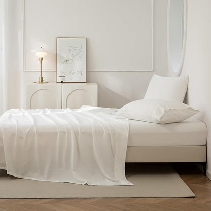 JIYUAN Twin Size Sheet Set, 3-Piece - 100% Washed Cotton, Linen-Like Soft & Breathable, Includes Deep Pocket Fitted & Flat Sheet with 1 Pillowcases, Hotel Quality, Solid Off White