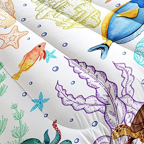 Turtle Comforter Set Full Ocean Watercolor Sea Turtle Bedding Set Tropical Fish Marine Life Bed Set with 2 Pillowcases for Kids Room Decor