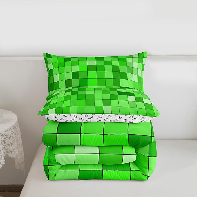 Manfei Geometric Grid Kids Comforter Set Twin Size,Patchwork Square Video Games Bedding Set Boys Room Decor,Gradient Gaming Quilt Comforter,Green Duvet Set Bedroom Quilt Set,1 Pillowcase