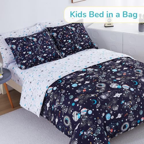 Viviland Kids Bedding Set Full Size Comforter Sets, Bed in Space Universe Cover Set for Children
