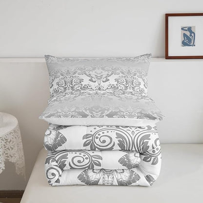 Feelyou Adults Silver Vintage Damask Floral Comforter Set Oriental Antique Comforter King Size Gothic Bohemia Boho Flower Bedding Set Gothic Skull Duvet Set Quilt Set 3Pcs