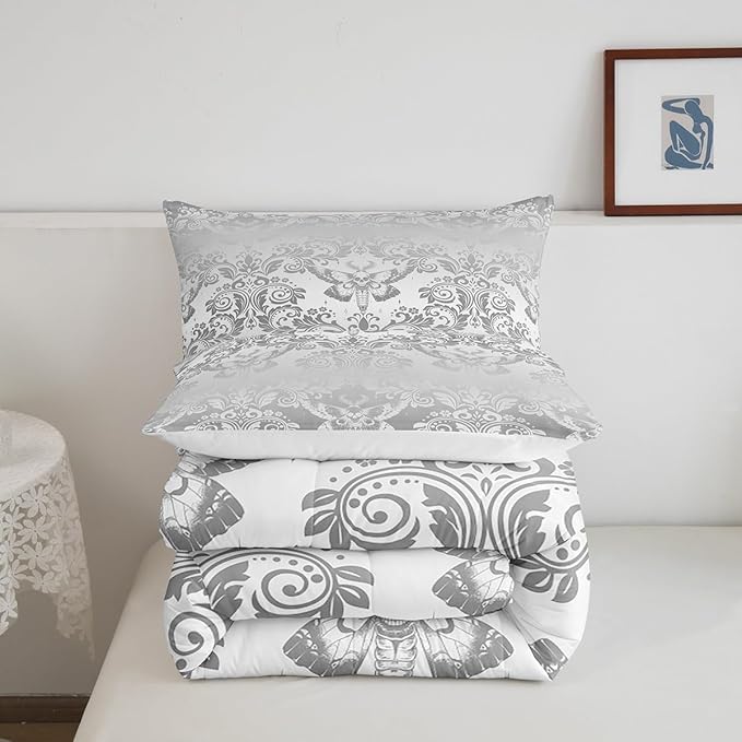 Feelyou Adults Silver Vintage Damask Floral Comforter Set Oriental Antique Comforter Queen Size Gothic Bohemia Boho Flower Bedding Set Gothic Skull Duvet Set Quilt Set 3Pcs
