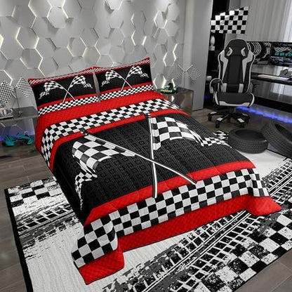 Castle Fairy Race Car Themed Comforter Set Queen Size,Black White Checkered Flag Print Bedding Set for Women Adult,Red Stripes Geometric Grid Plaid Luxury Bed Duvet Insert, 2 Pillowcases