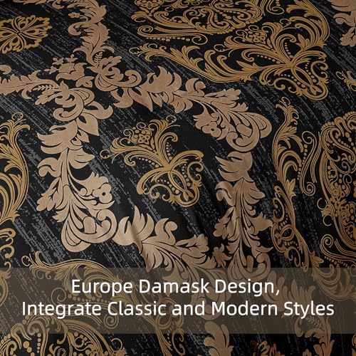 WONGS BEDDING Black Comforter Set King Size, Gold Damask Texture 7 Pieces Bed in a Bag Microfiber Comforter Bedding Sets -1 Comforter, 1 Flat Sheet, 1 Fitted Sheet, 2 Pillow Shams, 2 Pillowcases