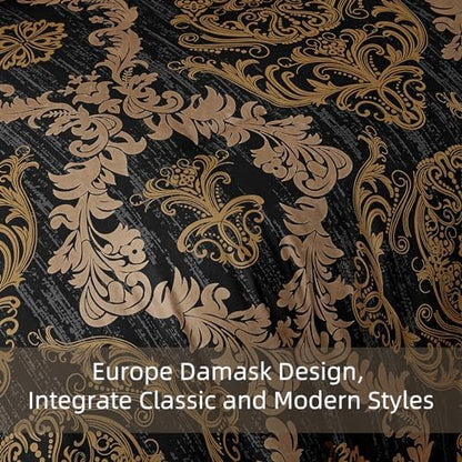 WONGS BEDDING Black Comforter Set King Size, Gold Damask Texture 7 Pieces Bed in a Bag Microfiber Comforter Bedding Sets -1 Comforter, 1 Flat Sheet, 1 Fitted Sheet, 2 Pillow Shams, 2 Pillowcases