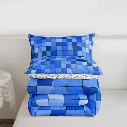 Pixel Grid Miners Comforter Set King Size,Video Games Plaid Lattice Kids Bedding Set,Geometric Check Quilt Comforter,Light Blue Duvet Insert,2 Pillowcases