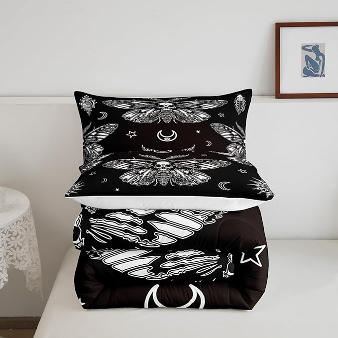 Feelyou Boys Boho Moth Comforter Set King Size Men Gothic Skull Bedding Set for Girls Women Bedroom Decor Bohemian Moon Star Comforter Personalized Moth Skull Skeleton Bones Duvet Set Teens Quilt Set