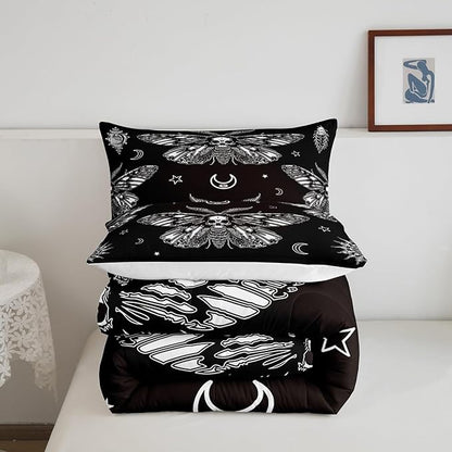 Feelyou Boys Boho Moth Comforter Set King Size Men Gothic Skull Bedding Set for Girls Women Bedroom Decor Bohemian Moon Star Comforter Personalized Moth Skull Skeleton Bones Duvet Set Teens Quilt Set
