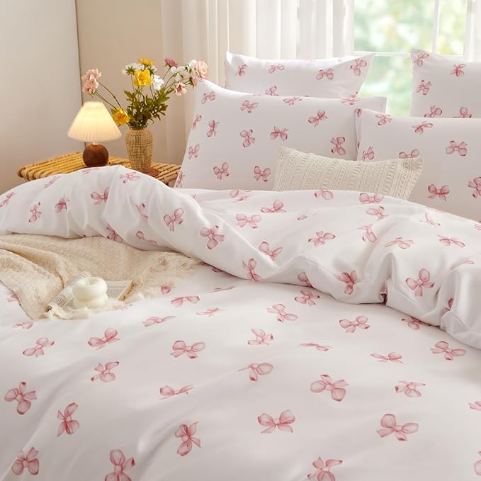 White Queen Comforter Set - Pink Bow Comforter Set Queen Size, Quilt Bedding Set 3 Pieces, Soft & Lightweight Comforter(90‘’ x 90‘’) for Girl All Season & 2 Pillowcases(30‘’x20‘’)