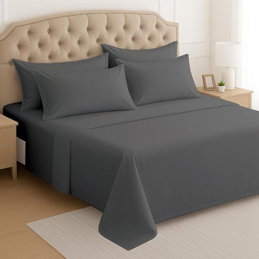 Mattress-Homes Ultra-Soft Breathable, Hotel Luxury Collection, Split King Size 7 Piece Crisp Sheet Set, 100% Egyptian Cotton, Extra Deep Pocket Upto 21", Machine Washable Sheets in Dark Grey Solid