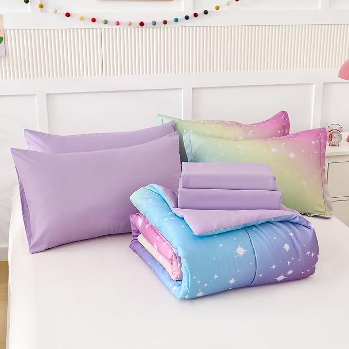Drucon Rainbow Comforter Set Twin Size for Teen Girl &Boys,6 Pieces Bed in A Bag Blue Blush Rainbow Bedding Set Twin Size(1 Comforter, 1 Flat Sheet, 1 Fitted Sheet, 1 Pillow sham, 2 Pillowcases)