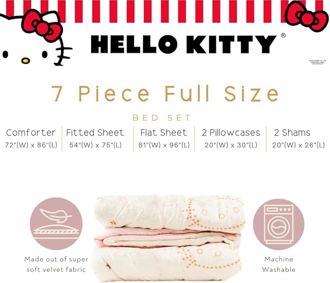 Lux Hello Kitty Velvet Bedding 7 Piece Super Soft Cozy Reversible Comforter and Sheet Set with Sham & Tote Bag, Full, (Officially Licensed Product) by Franco