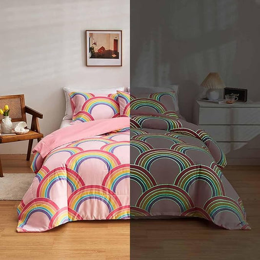 Feelyou Rainbow Glow in The Dark Comforter Set for Girls Kids Queen Pink Rainbow Bedding Set Super Soft Colorful Stripe Mermaid Scales Comforter Baby Girl Bedroom Pink Decor Bedding Quilted Duvet