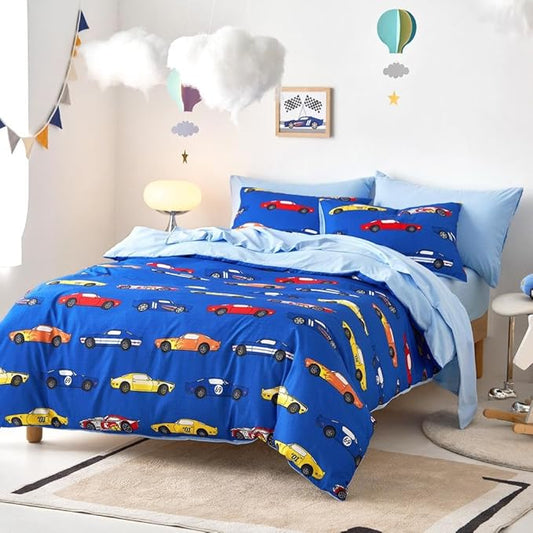 Wake In Cloud - Race Car Bedding Set for Boys, Cute Colorful Sports Car Supercar Wheels Comforter Set with Sheets, 5 Pieces Kids Bed in a Bag, Blue, Twin Size