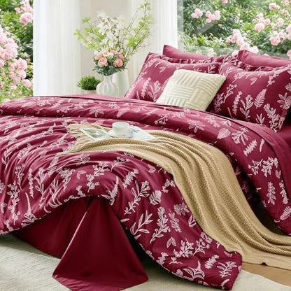 MUXHOMO Burgundy Full Comforter Set, Elegant Floral Print Bed in a Bag 7 Pieces, Ultra Soft & Breathable Reversible Botanical Pattern Bedding Set with Comforter, Sheets, Pillowcases, and Shams