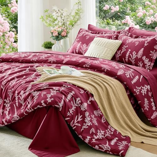 MUXHOMO Burgundy Bed in a Bag King 7 Pieces, King Comforter Set Reversible Botanical Flowers Design, Ultra Soft & Breathable Bedding Sets with Comforter, Sheets, Pillowcases & Shams
