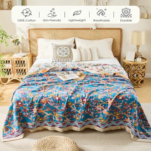 VANJOROY Boho Throw Blanket, 100% Organic Cotton Breathable Skin-Friendly Ultra Soft 60" x 80" Bed Quilt Throw - Floral Rustic Decor Luxury Reversible Blanket for Sofa Couch Chair and Gift,