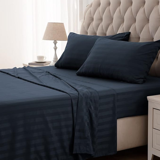 SLEEP ZONE Striped Cooling Queen Sheets Set - Fitted Flat Sheet & Pillowcase Sets 4 Piece - Super Soft Stripe Bed Sheet, Easy Care, Deep Pocket (Navy Blue, Queen)