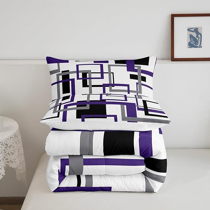 Erosebridal Geometric Comforter Set for Kids Boys Girls,Vintage Black White Grey Purple Bedding Set Full Size,Modern Farmhouse Quilt Bedroom Decor,Striped Pattern Duvet Insert with 2 Pillow Shams