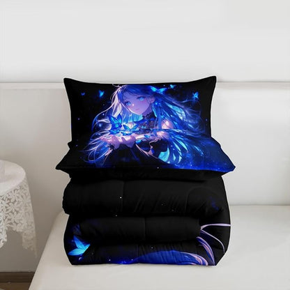Erosebridal 3D Japanese Girl Kids Comforter Set | Blue Butterfly Decorations Bedding King,Cartoon Down Comforter Anime Gifts for Her Duvet Set for Bedroom
