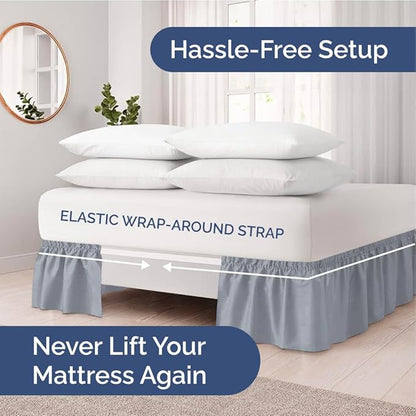 Wrap Around Dust Ruffle Bed Skirt - Steel Blue - for Queen Size Beds w/ 15 Inch Drop - Easy Fit Elastic Strap - Adjustable Pleated Bedskirt w/Brushed Fabric - Wrinkle Free, Women, Men, Kids & Teens