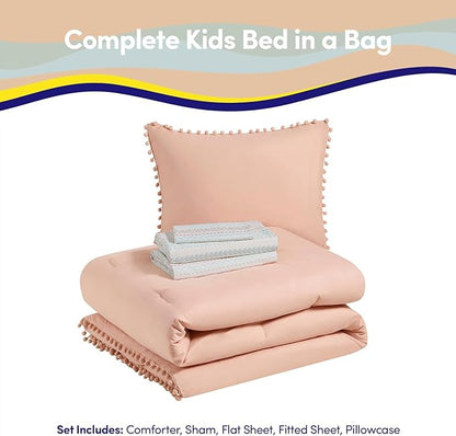 Kids Comforter Set Twin Size – Bed in a Bag with Sheets, Pillowcases & Shams – Soft Stylish Pom Pom Bedding – All Season Girls Bed Set