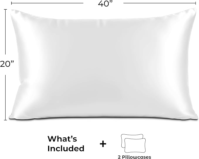 Pure Bedding Satin Pillowcase 2 Pack - King Size (20"x40", White) - Silky Pillow Cases for Hair and Skin - Satin Pillow Covers with Envelope Closure - Extra Soft Premium Microfiber
