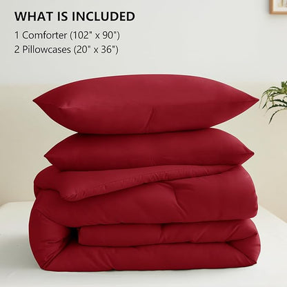 CozyLux King Size Comforter Set Dark Red, 3 Pieces Solid Comforters King Size Breathable Quilted Bedding Sets, Luxury Soft Lightweight Bed Set with Down Alternative Comforter and 2 Pillowcases