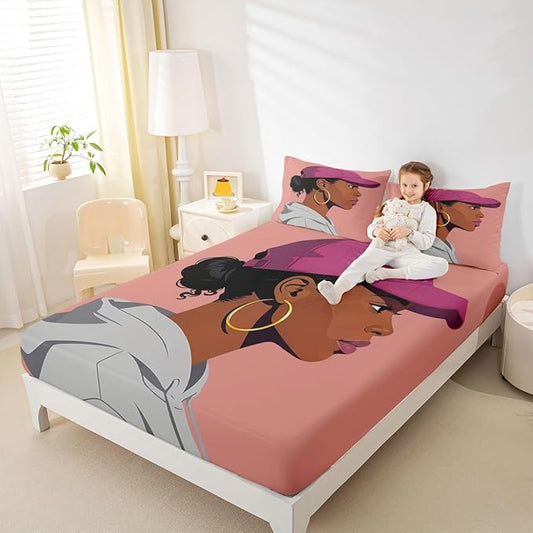 Erosebridal Black Girls Girls Bed Sheets Full Size Fashion Black Woman Fitted Sheet Vogue Fashionable Gorgeous Bedding Set for Kids Children Women Bedroom Decor African Princess Magical Sheets