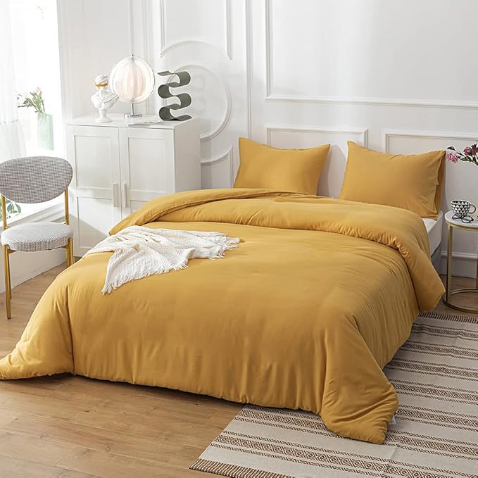 CLOTHKNOW Mustard Yellow King Size Comforter Set Yellow Bedding Comforter Sets Soft Cozy Turmeric Comforter with 2 x Pillow Cases