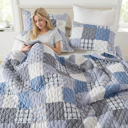 Wonderful - Real Patchwork Quilt Set King Size, 3 Piece Yarn-Dyed Cotton Face Plaid Bedding, Blue Modern Farmhouse Reversible Coverlet, 104"x90"