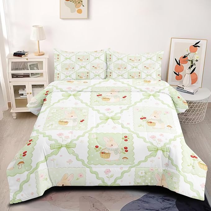 7Pcs Green Red Cherry Bedding Set, Cute Rabbit Comforter Set Queen Size, Girls Room Decor with Comforter (90" x 90") and 2 Pillowcases, 1 Fitted Sheet, 1 Flat Sheet, 2 Pillow Shams