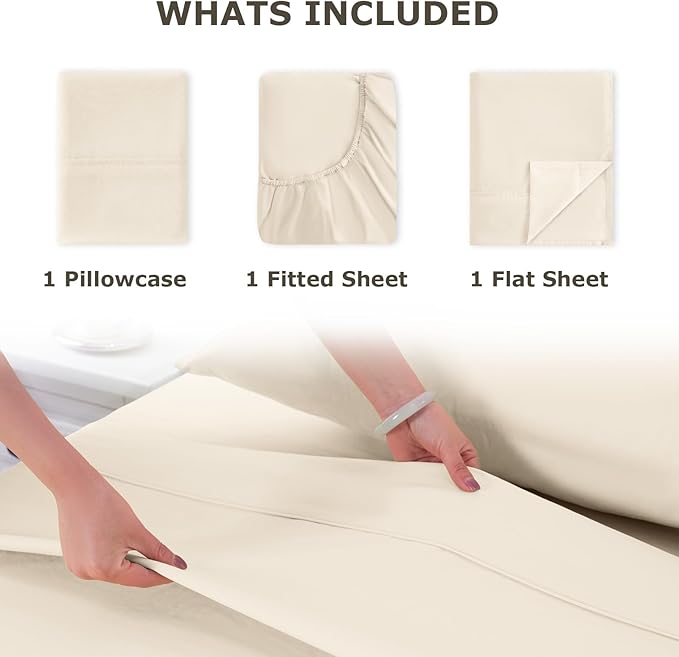 Twin XL Size Bed Sheet Set - 3 Piece Soft Microfiber Sheets with Deep Pockets, Cooling Technology, and Wrinkle-Free Pillowcase. Hotel-Quality, Durable Bedding, Cream