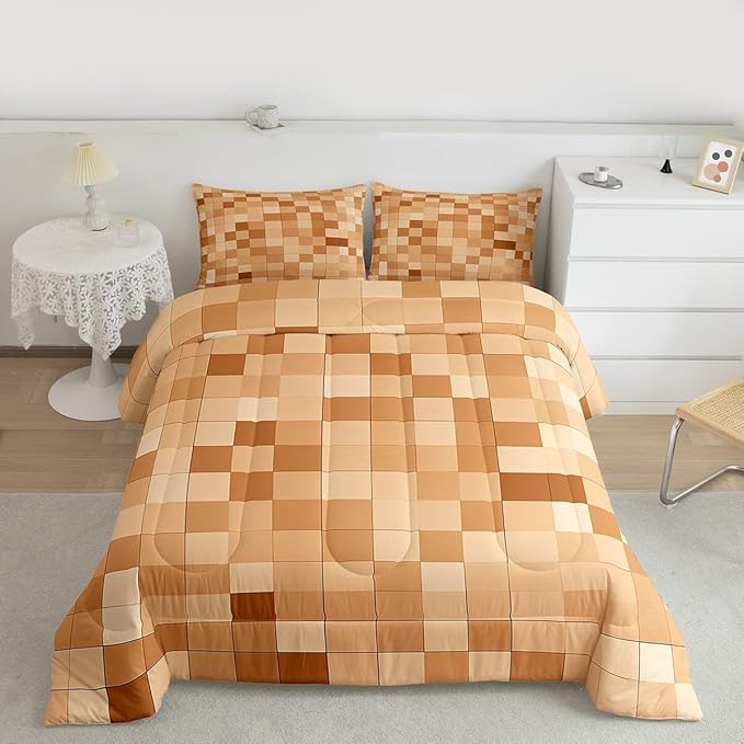 Pixelated Miners Blocks Kids Bedding Set King Size,Patchwork Square Video Games Comforter Set,Geometric Patchwork Grid Quilt Comforter,Light Brown Bedroom Duvet Insert,2 Pillowcases
