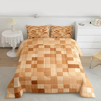 Pixelated Miners Blocks Kids Bedding Set King Size,Patchwork Square Video Games Comforter Set,Geometric Patchwork Grid Quilt Comforter,Light Brown Bedroom Duvet Insert,2 Pillowcases