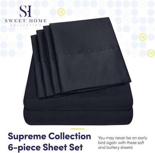 Full Size Bed Sheets - 6 Piece 1500 Supreme Collection Fine Brushed Microfiber Deep Pocket Full Sheet Set Bedding - 2 Extra Pillow Cases, Great Value, Full, Navy