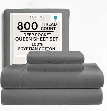 Egyptian Cotton Sheets Queen Size 800 Thread Count, 100% Cotton Queen Sheet Set — Deep Pocket Fitted 15", Sateen Weave, No Pill, Soft Cooling Charcoal 4 Piece Sateen Bed Set, OEKO-TEX Certified