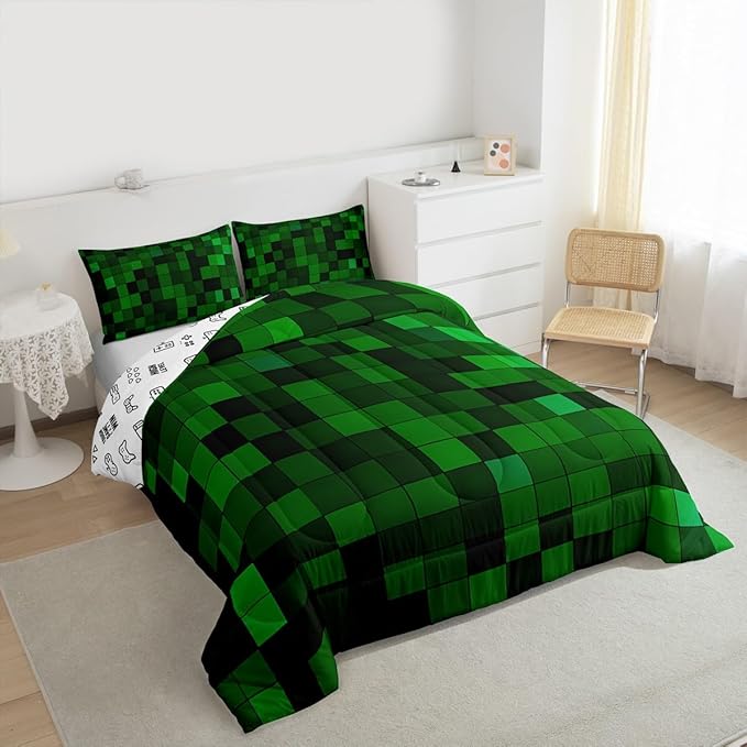 Pixelated Miners Game Kids Bedding Set King Size,Geometric Check Video Games Comforter Set,Gamepad Grid Gaming Quilt Comforter,Dark Green Bedroom Duvet Insert,2 Pillowcases