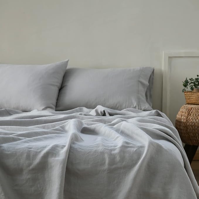 Simple&Opulence 100% French Linen Pillowcase Queen Size-Set of 2- Washed Solid Color Pillow Cases Embroidered -Soft and Durable (Grey, 20''x30'')