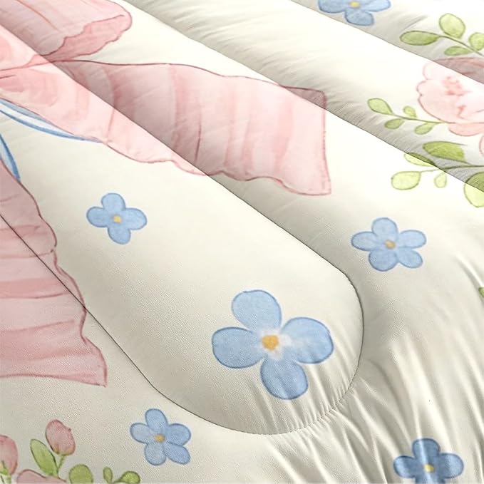 2Pcs Girls Twin Size Botanical Flowers Comforter Set, Teens White Pink Bows and Blue Floral Bedding Sets, 100% Washed Microfiber, All Season with 1 Comforter 68"x 90" and 1 Pillowcase