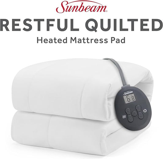Sunbeam Electric Restful Quilted Heated Mattress Pad Twin 75" x 39" 12 Heat Settings 12-Hour Auto Shut-Off Extra-Cozy Fabric Deep Pocket Fit Machine Washable