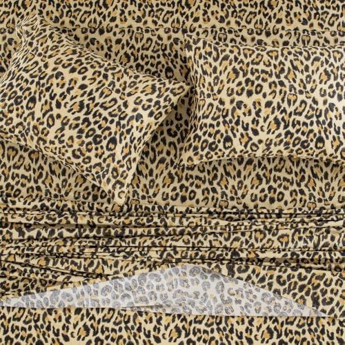 DAUAOTO Full Size Printed Sheets Set, 100% Cotton Bedding Sets, Up to 14" Deep Mattress, Modern Pattern Bedlinen Set, Leopard Yellow